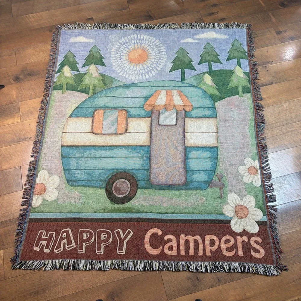 Happy Campers Woven Tapestry Throw Blanket Retro Camper Forest Sun Fringe 59x49